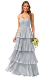 Tiered Ruffle Bridesmaid Dresses for Women Spaghetti Straps Long Chiffon Formal Evening Prom Gowns