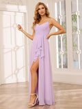 Vestidos de dama de honor largos de gasa con tirantes finos y bolsillos, vestidos formales con volantes y abertura para mujer 