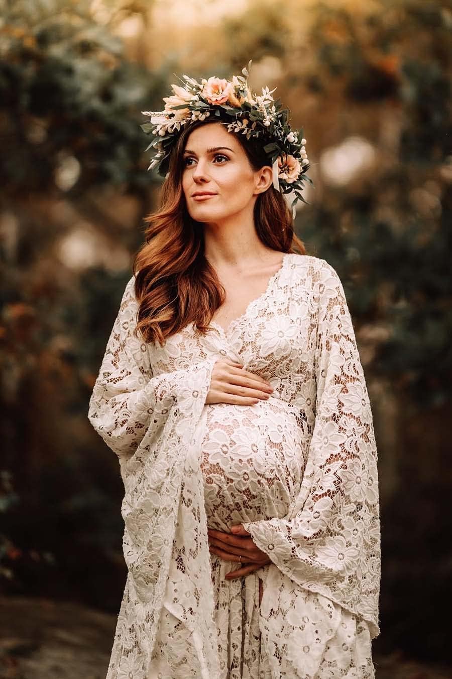 Women's Lace Maternity Dress for Photoshoot Long Puffy Sleeves V Neck Boho Pregnancy Gown for Baby Shower with Slit