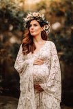 Women's Lace Maternity Dress for Photoshoot Long Puffy Sleeves V Neck Boho Pregnancy Gown for Baby Shower with Slit