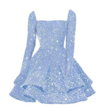 Sequin Short Homecoming Dress for Teen Sparkly Long Sleeve Prom Sweet 16 Dresses Cocktail Gowns