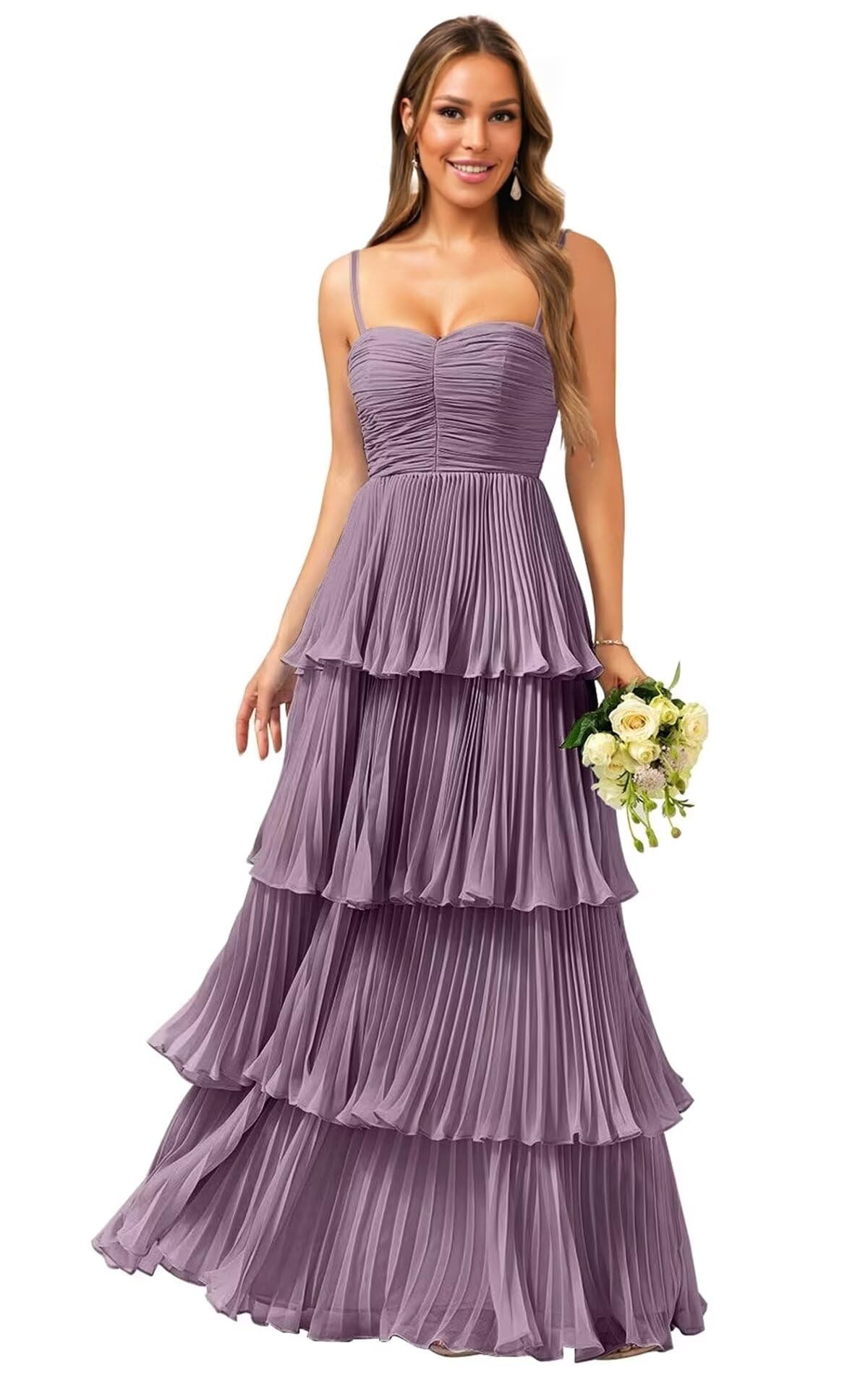 Tiered Ruffle Bridesmaid Dresses for Women Spaghetti Straps Long Chiffon Formal Evening Prom Gowns