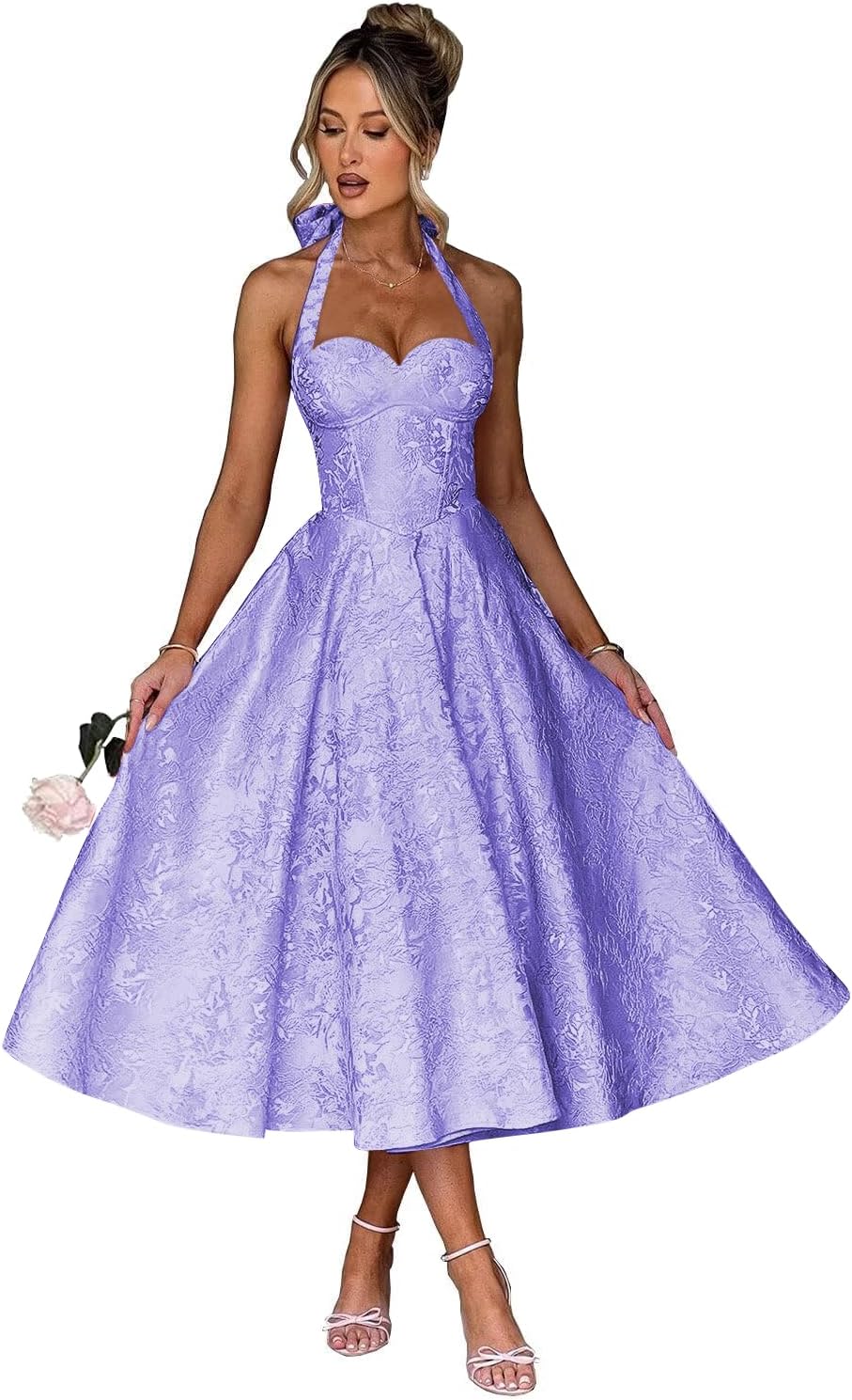 Jacquard Satin Prom Dresses for Women Vintage A-Line Midi Halter Sweetheart Formal Evening Party Gowns with Pockets