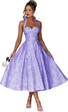 Jacquard Satin Prom Dresses for Women Vintage A-Line Midi Halter Sweetheart Formal Evening Party Gowns with Pockets