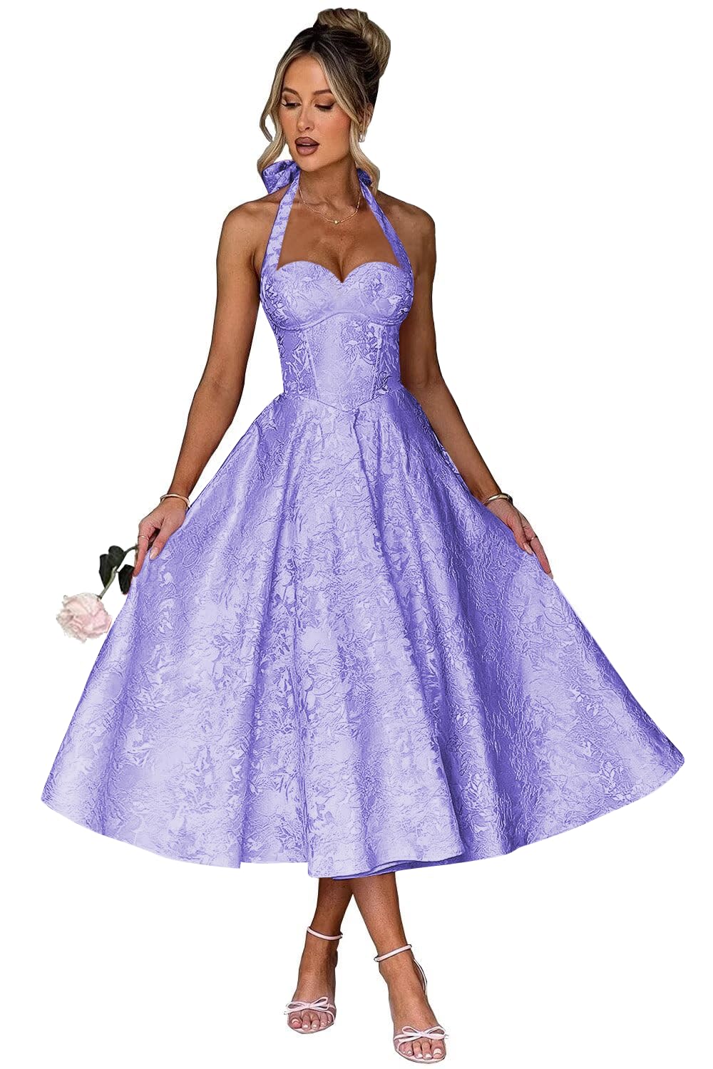 Jacquard Satin Prom Dresses for Women Vintage A-Line Midi Halter Sweetheart Formal Evening Party Gowns with Pockets