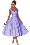 Jacquard Satin Prom Dresses for Women Vintage A-Line Midi Halter Sweetheart Formal Evening Party Gowns with Pockets