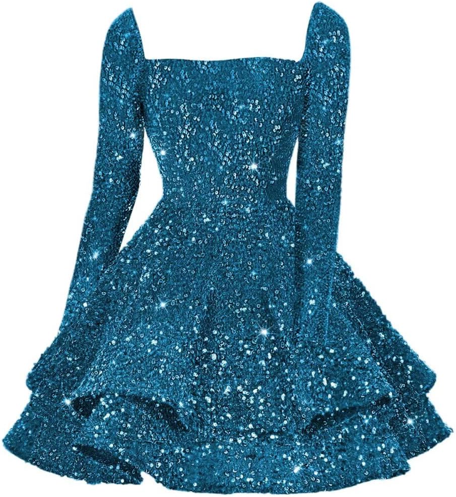 Sequin Short Homecoming Dress for Teen Sparkly Long Sleeve Prom Sweet 16 Dresses Cocktail Gowns