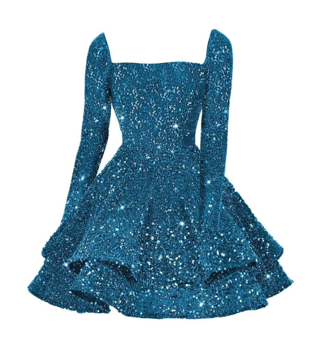Sequin Short Homecoming Dress for Teen Sparkly Long Sleeve Prom Sweet 16 Dresses Cocktail Gowns