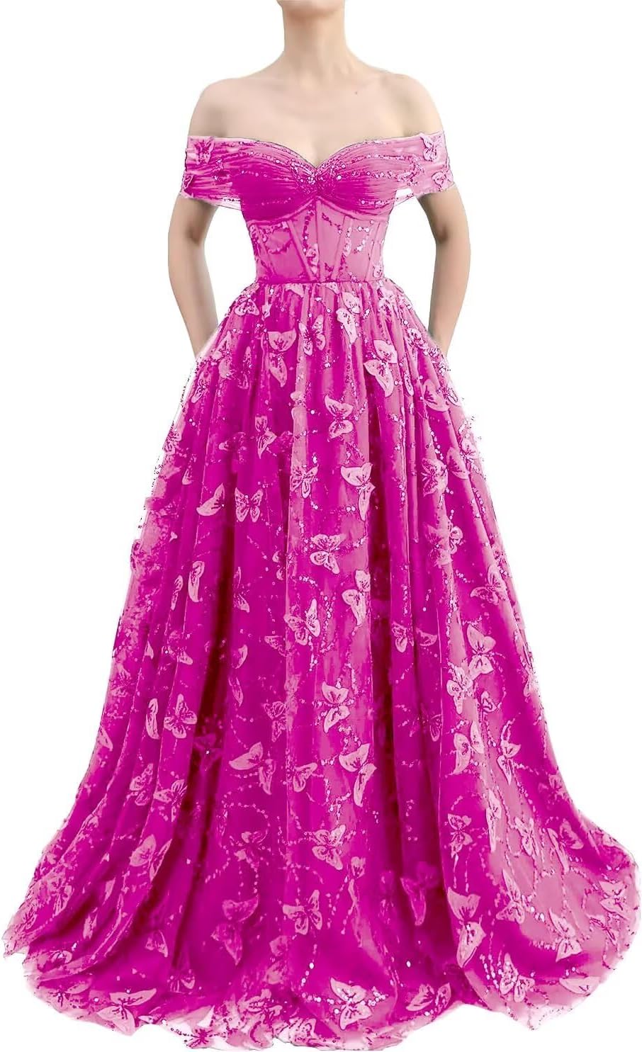 Sparkly Off Shoulder Tulle Prom Dresses with Butterfly Appliques Long A Line Formal Evening Party Gowns for Women