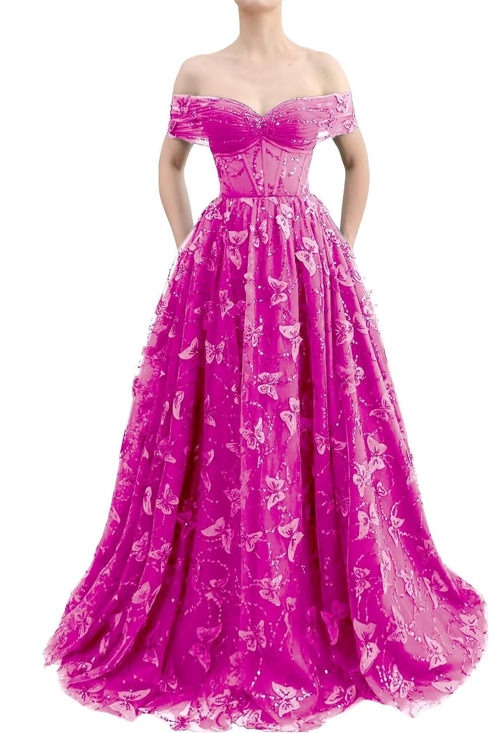 Sparkly Off Shoulder Tulle Prom Dresses with Butterfly Appliques Long A Line Formal Evening Party Gowns for Women