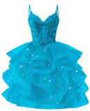Glitter Tulle Homecoming Dresses 2026 Tiered Ruffles Lace Short Prom Dress for Teens Quinceanera Gowns