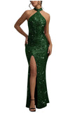 Sequin Mermaid Prom Dresses for Women Long Sparkly Halter-Neck Tight Backless Formal Evening Party Gowns with Slit