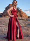 Satin Bridesmaid Dresses for Women Spaghetti Straps Wedding Guest Dress Long V Neck Formal Gown with Slit