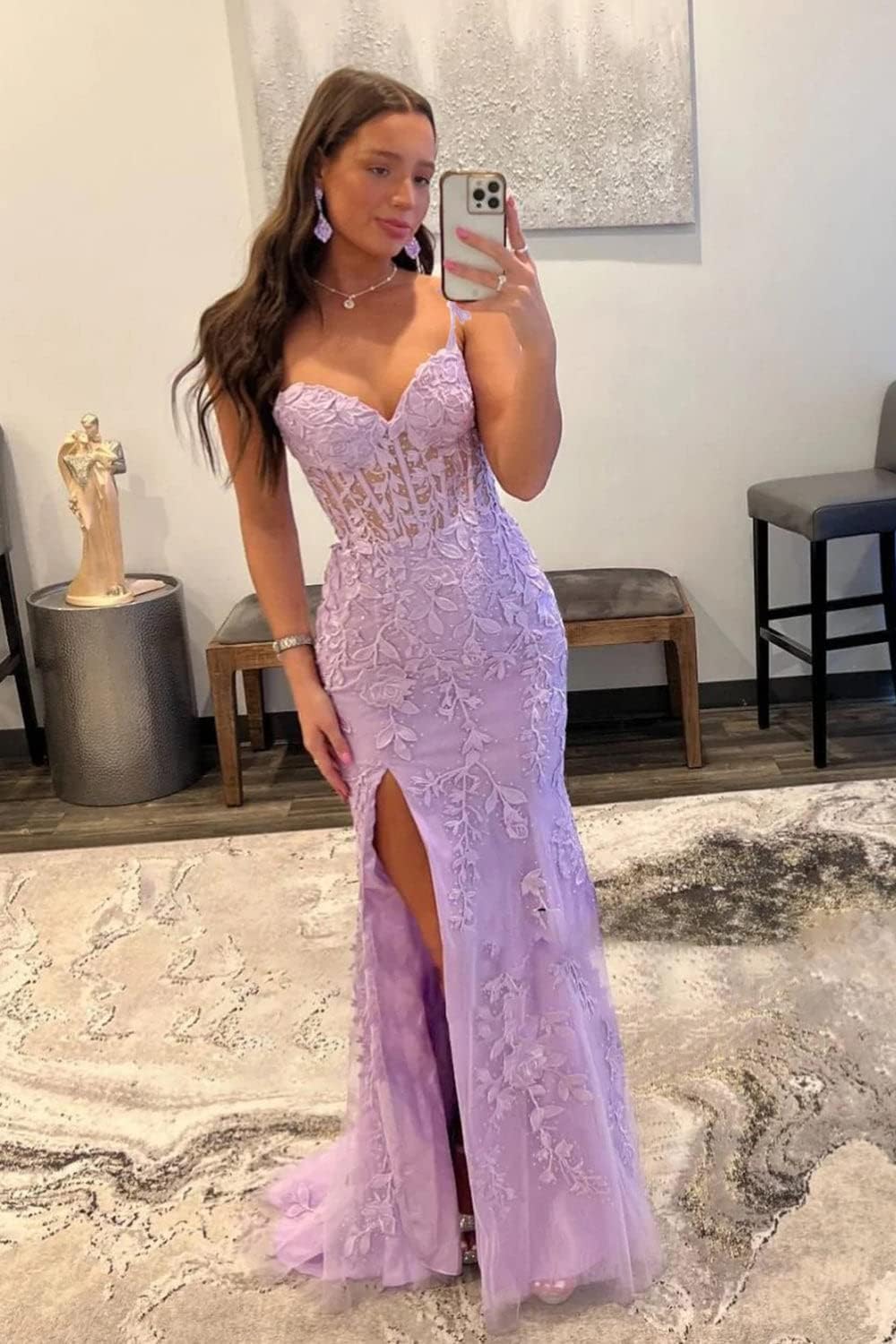 Women's Lace Mermaid Prom Dresses Long with Slit Mermaid Spaghetti Straps Backless Formal Evening Gowns