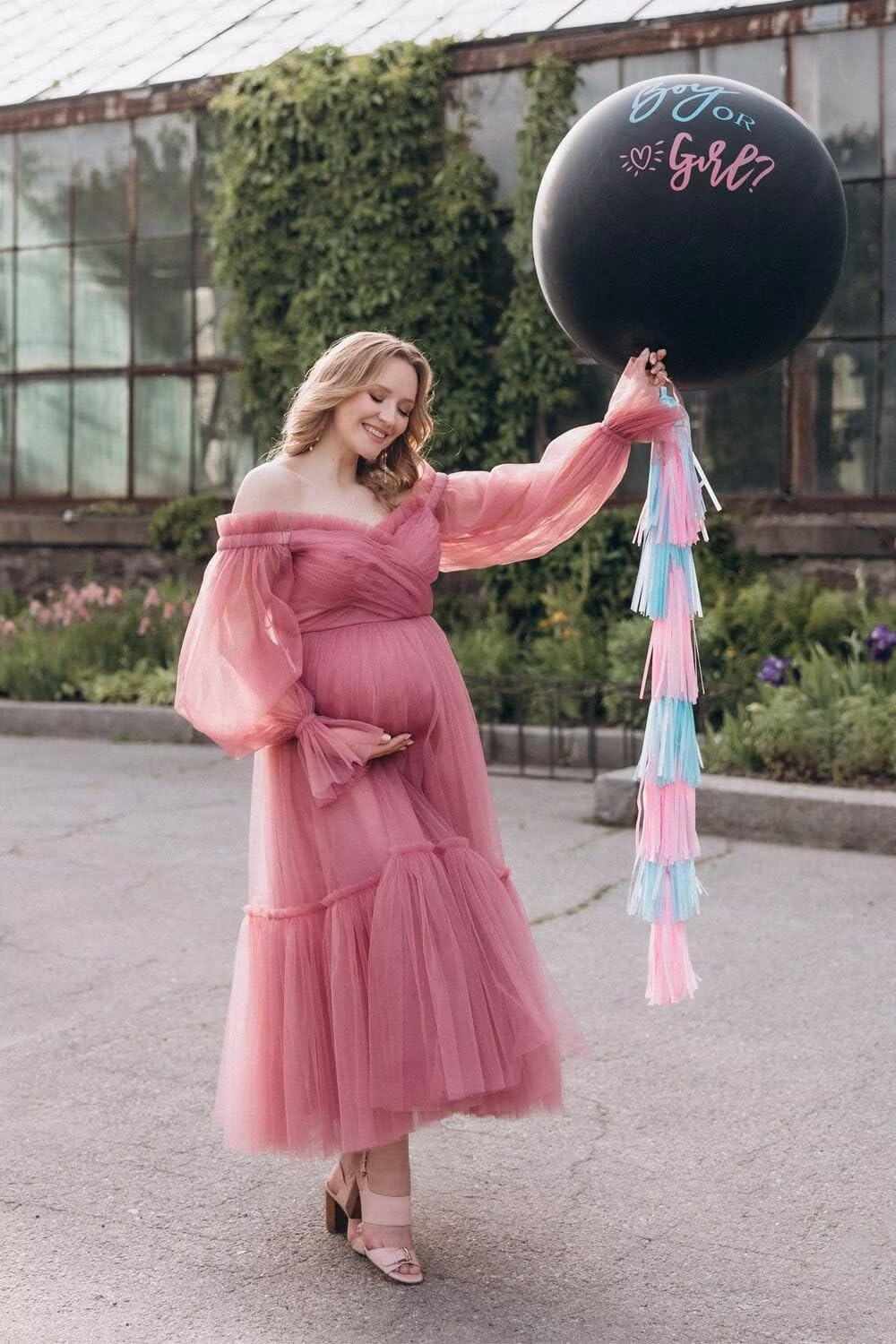 Eightale Tulle Tea Length Maternity Dresses for Photo Shoot Long Sleeve Pregnancy Gown for Baby Shower