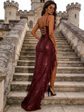 Spaghetti Straps Prom Dresses Long Glitter Sequin Formal Evening Party Dresses with Slit