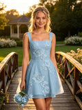 Floral Tulle Homecoming Dresses Short Embroidery Lace A-Line Mini Formal Graduation Cocktail Gown