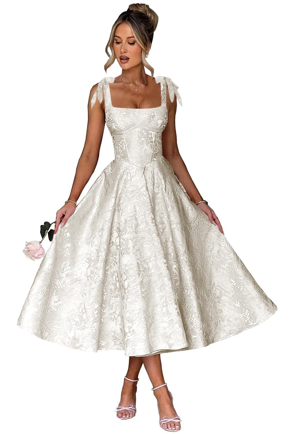 Women's Midi Bridesmaid Dresses Jacquard Satin with Bow Spaghetti Straps Square Neck Formal Wedding Guest Dress