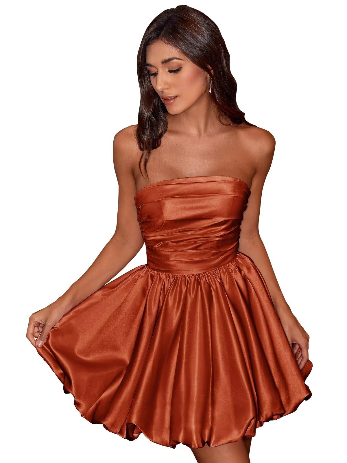 Short Satin A-Line Ruched Homecoming Dresses for Teens Strapless Ruched Mini Formal Cocktail Party Dress