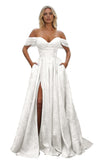 Off Shoulder Long Prom Dress 2026 Floral Satin A-Line Corset Ball Formal Evening Gown with Slit