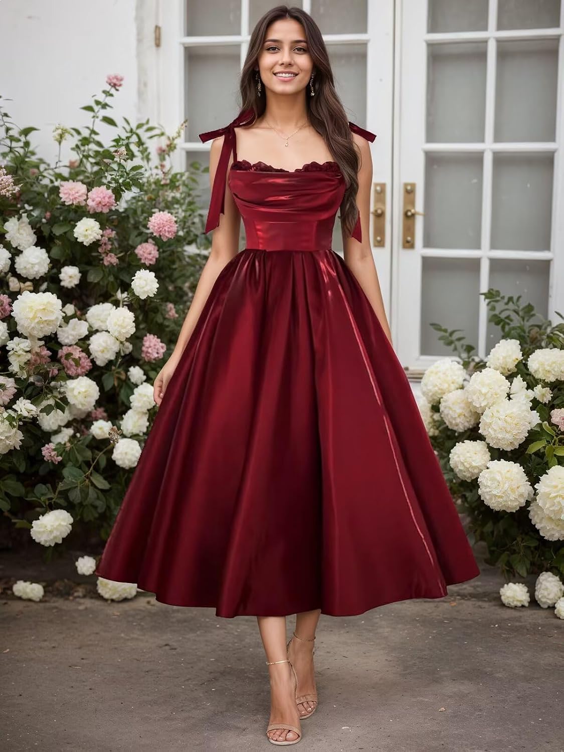 Satin Prom Dresses for Women Spaghetti Straps Corset A-Line Ball Formal Gowns Tea Length with Pockets