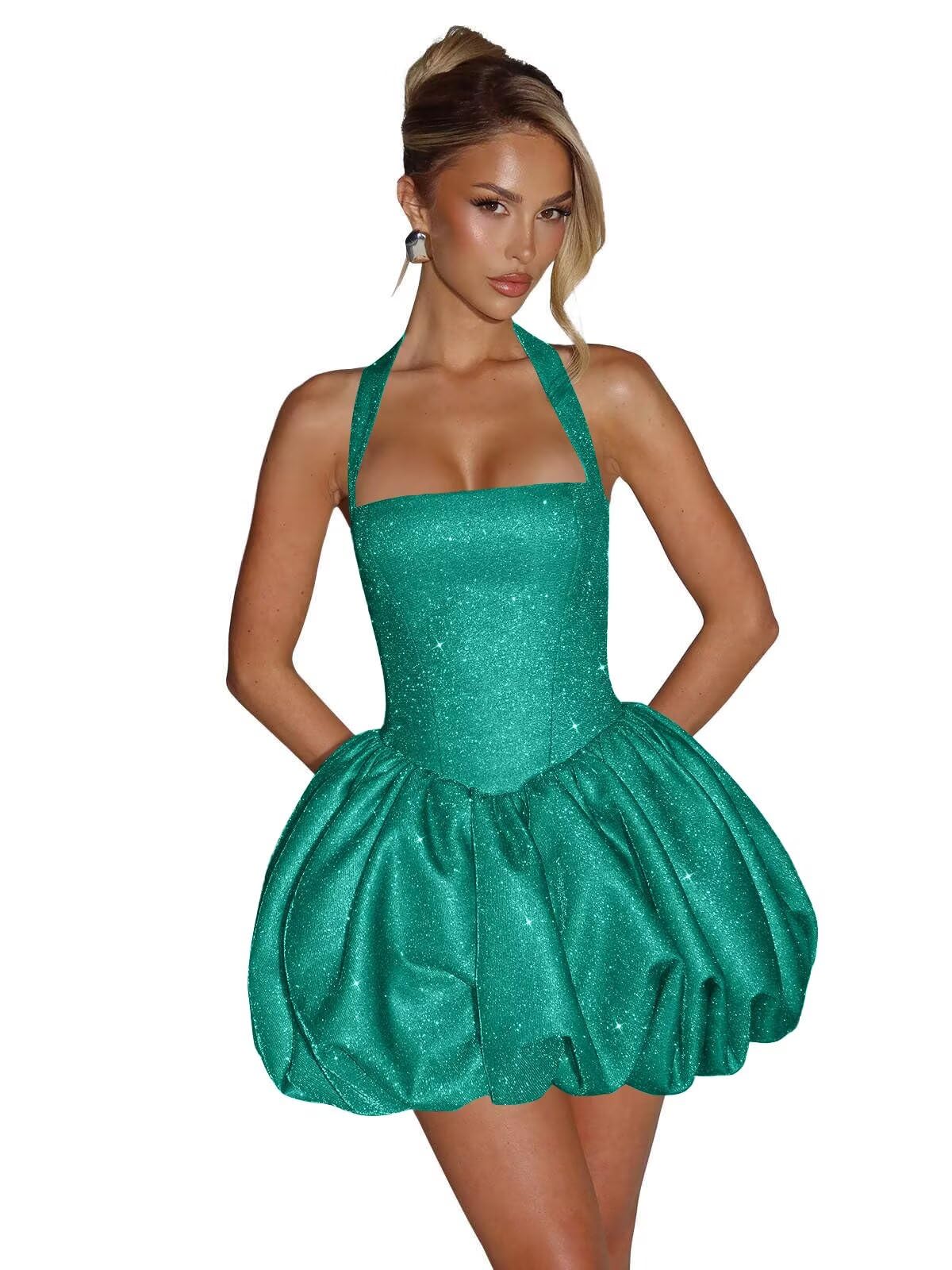 Satin Halter Homecoming Dresses for Teens Short Glitter A-Line Prom Dress Bubble Mini Formal Cocktail Party Gowns