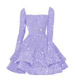 Sequin Short Homecoming Dress for Teen Sparkly Long Sleeve Prom Sweet 16 Dresses Cocktail Gowns