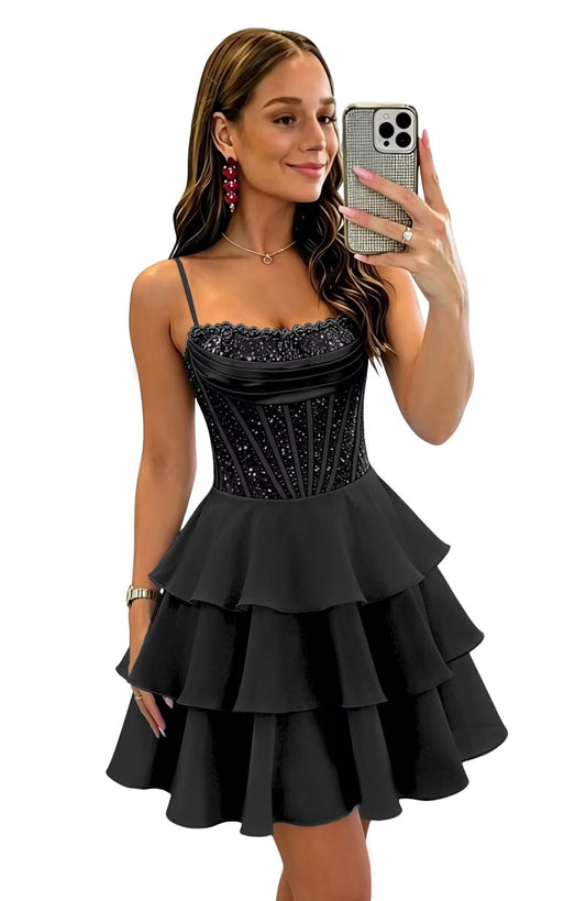 Sparkly Sequin Homecoming Dress 2026 Corset Tiered Chiffon Short Prom Dress Spaghetti Straps Scoop Neck Homecoming Dresses Corset Homecoming Dress 2026 Plus Size Mini Dress