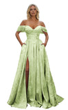 Off Shoulder Long Prom Dress 2026 Floral Satin A-Line Corset Ball Formal Evening Gown with Slit