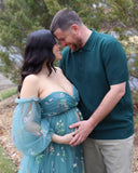 Flower Embroidery Tulle Maternity Dresses for Photoshoot Long Puffy Sleeve Off Shoulder Pregnancy Baby Shower Dress