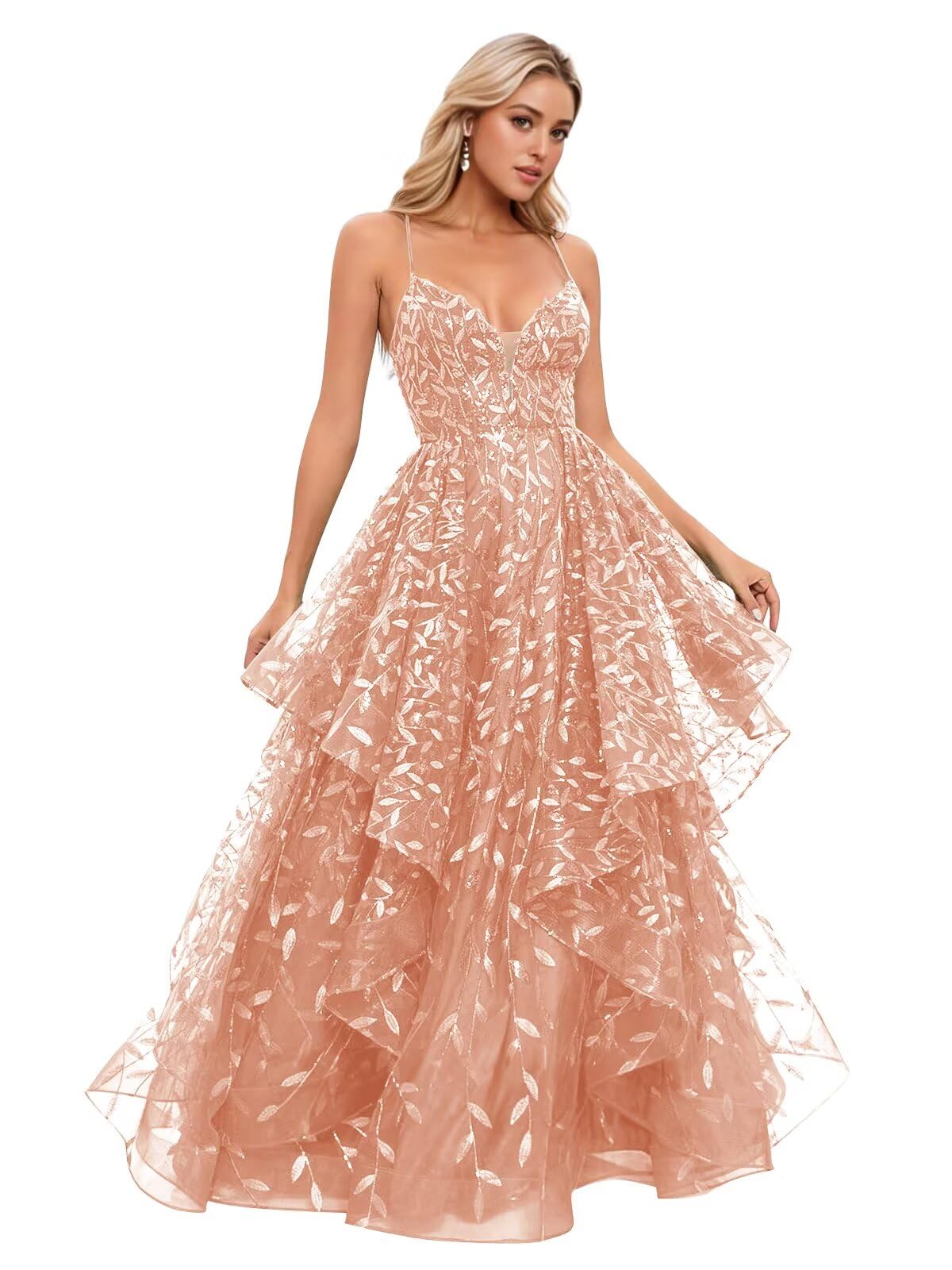Spaghetti Strap Prom Dresses for Women V Neck Sparkly Sequin Tulle Tiered Ball Gown Long Formal Evening Dress