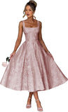 Floral Satin Jacquard Prom Dresses 2026 A-Line Tea Length Midi Square Neck Evening Party Gown with Pockets for Women