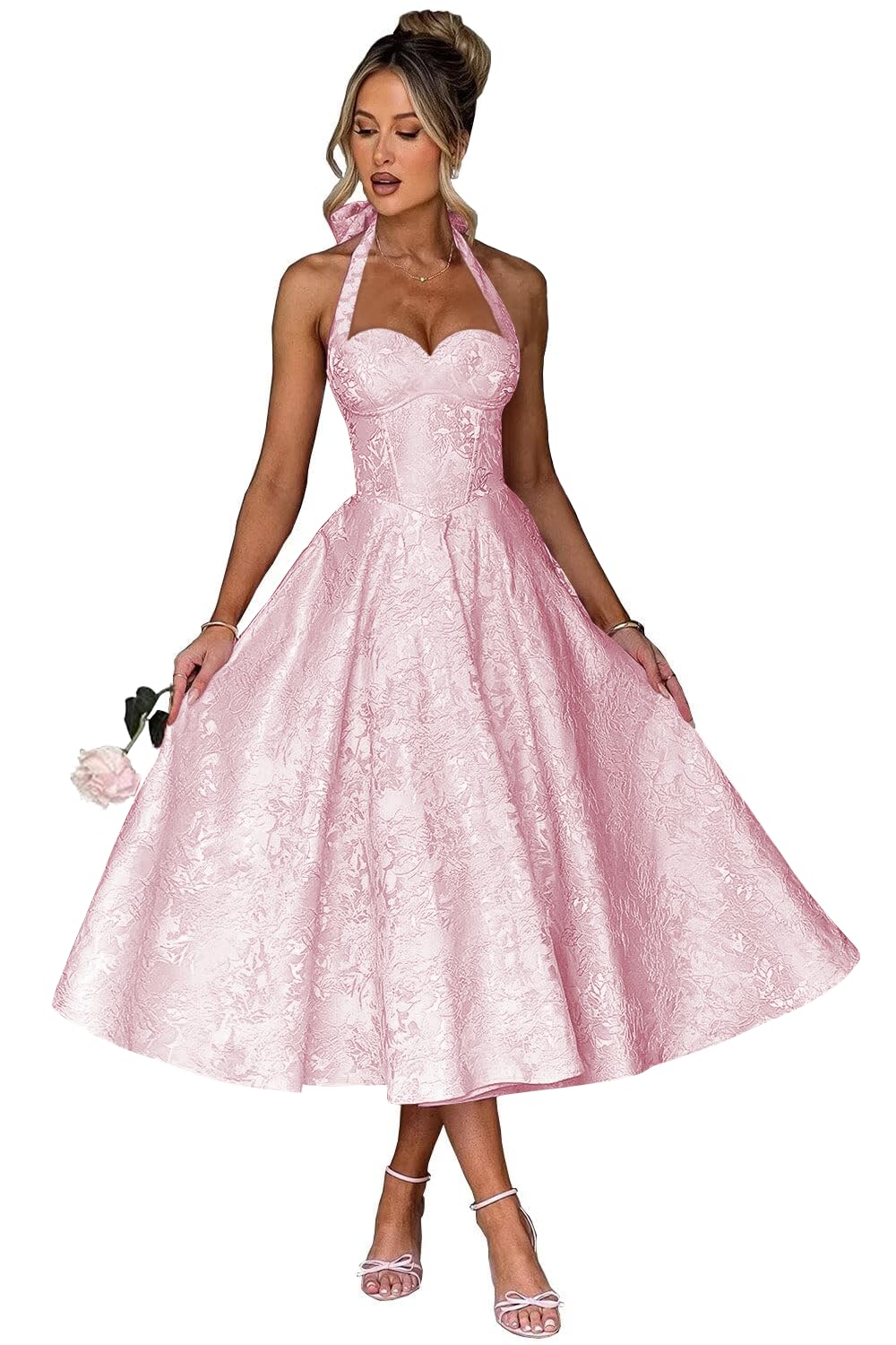 Jacquard Satin Prom Dresses for Women Vintage A-Line Midi Halter Sweetheart Formal Evening Party Gowns with Pockets