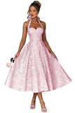 Jacquard Satin Prom Dresses for Women Vintage A-Line Midi Halter Sweetheart Formal Evening Party Gowns with Pockets