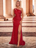 Kingbridal Gowns One Shoulder Sequin Prom Dresses with Slit 2026 Mermaid Formal Dress for Women Sparkly Ruched Evening Party Gowns