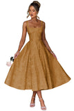 Floral Satin Jacquard Prom Dresses 2026 A-Line Tea Length Midi Square Neck Evening Party Gown with Pockets for Women
