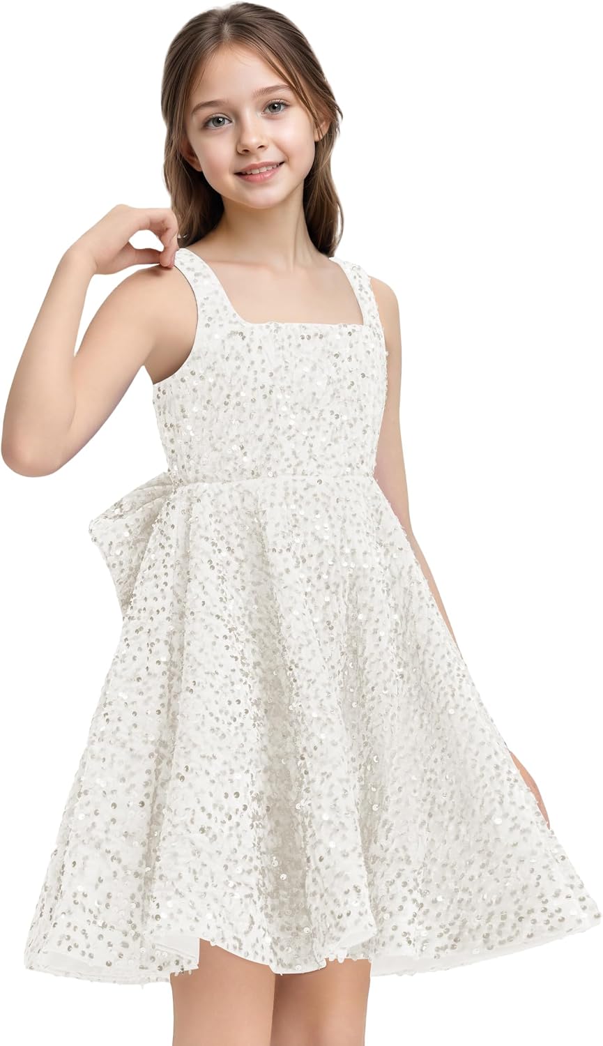Sequins Flower Girl Dresses Short - Square Neck Princess Pageant Dress Kids A Line Communion Formal Party Gown