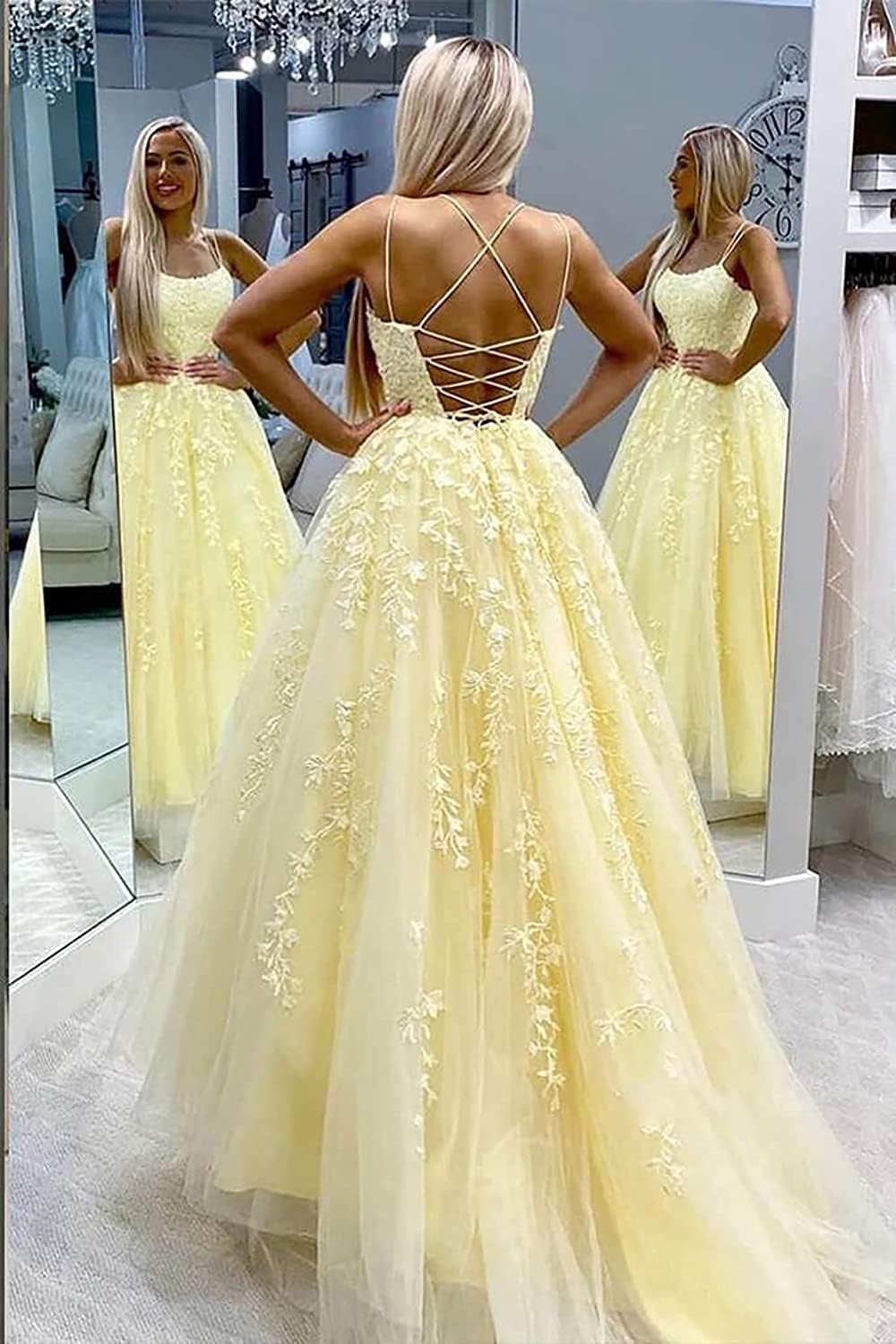 Ballkleider, langes Ballkleid für Damen, Spaghettiträger, Tüll, A-Linie, sexy, rückenfrei, formelle Partykleider mit Taschen 
