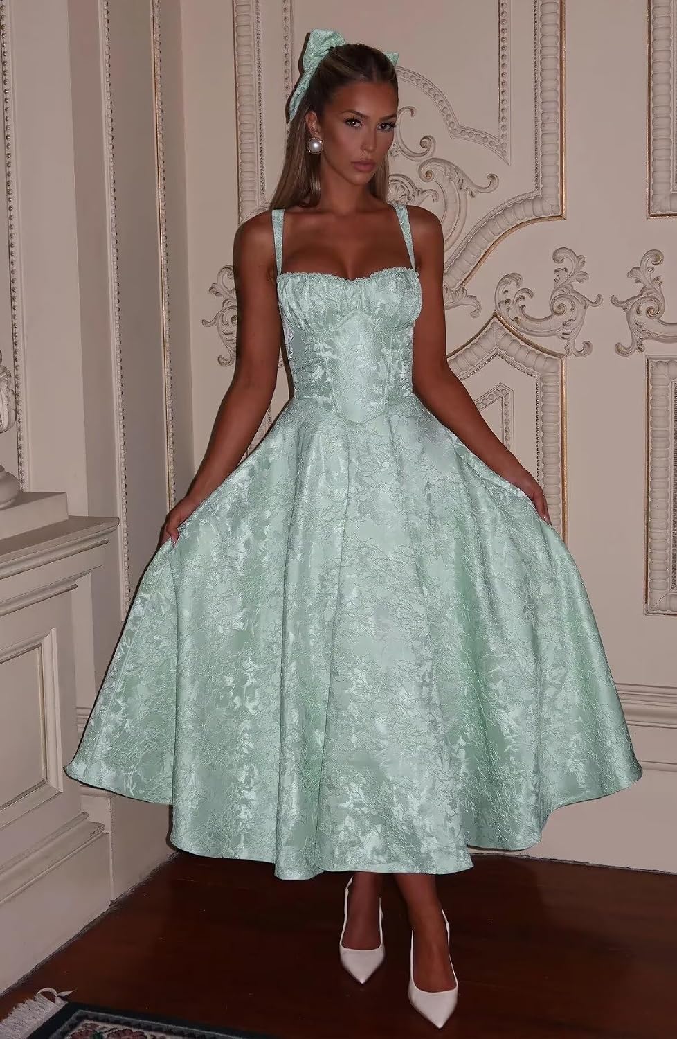 Eightale Satin Jacquard Prom Dress with Bow Tea Length Floral Midi Formal Evening Party Gown