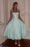 Satin Jacquard Prom Dress with Bow Tea Length Floral Midi Formal Evening Party Gown Tea-Length for Women Engagement Gown