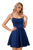 Homecomg Dress Satin Mini for Teens Backless with Pockets Spaghetti Strap Party Cocktail Dress