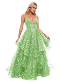Spaghetti Strap Prom Dresses for Women V Neck Sparkly Sequin Tulle Tiered Ball Gown Long Formal Evening Dress
