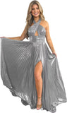 Vestido de fiesta de satén metálico brillante con abertura para mujer, vestido formal de noche plisado con cuello halter 