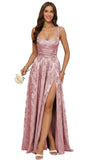 Jacquard Satin Prom Dresses with Slit Spaghetti Straps A Line Maxi Long Formal Dress