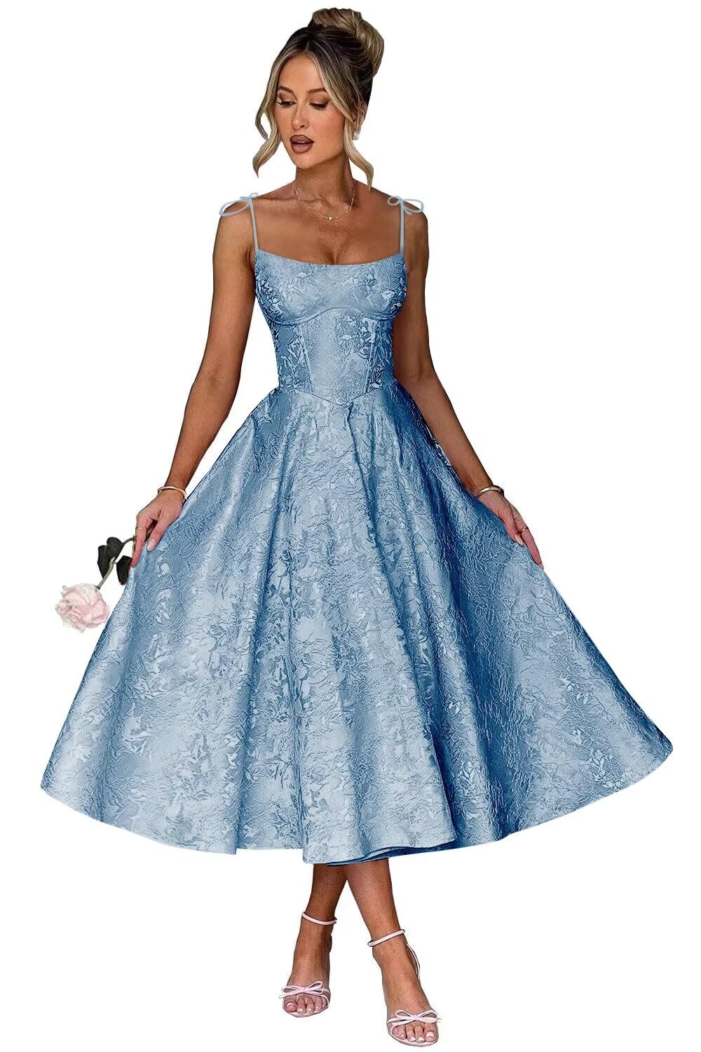 Jacquard Floral Satin Prom Dresses for Women 2026 Spaghetti Straps A-Line Midi Formal Evening Party Gown with Pockets