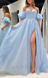 Tulle Prom Dresses for Women 2027 Sparkly Puffy Sleeves Long Ball Gowns with Slit A-Line Evening Dresses