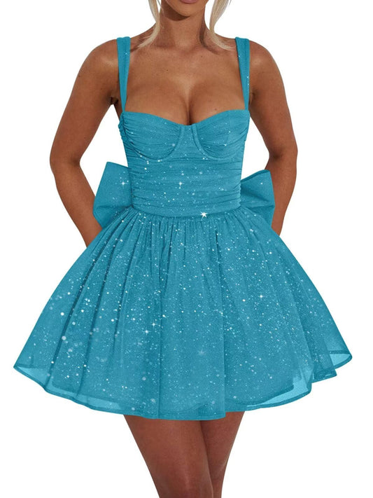 Sparkly Tulle HOCO Dresses Short for Women 2026 Mini Sweetheart Prom Cocktail Party Gown with Bow