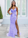 Sparkly Sequin Prom Dresses for Teens 2026 V Neck Glitter Applique Mermaid Formal Evening Gown with Slit