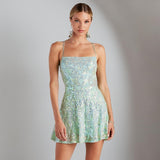 Women's Spaghetti Straps Sparkly Sequins A Line Swing Party Nightclub Dance Mini Dress Above Knee Length