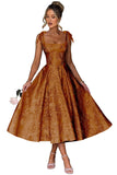 Women's Midi Bridesmaid Dresses Jacquard Satin with Bow Spaghetti Straps Square Neck Formal Wedding Guest Dress